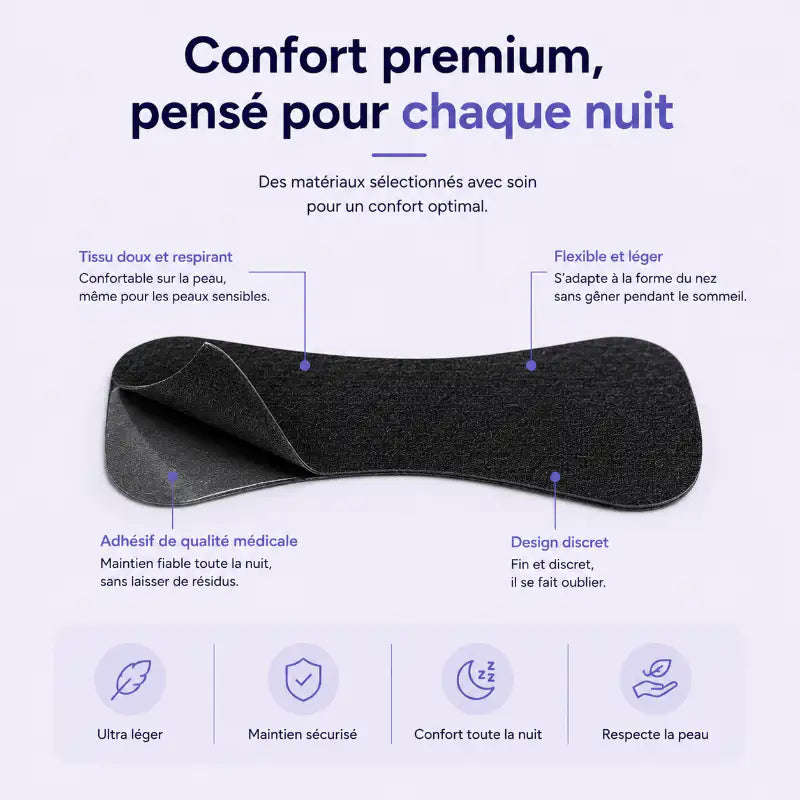 Bandelette nasale adhésive noire avec adhésif de qualité médicale, légère, flexible et confortable pour une utilisation pendant le sommeil