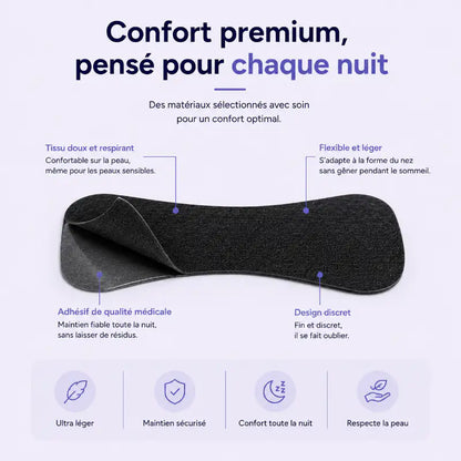 Bandelette nasale adhésive noire avec adhésif de qualité médicale, légère, flexible et confortable pour une utilisation pendant le sommeil