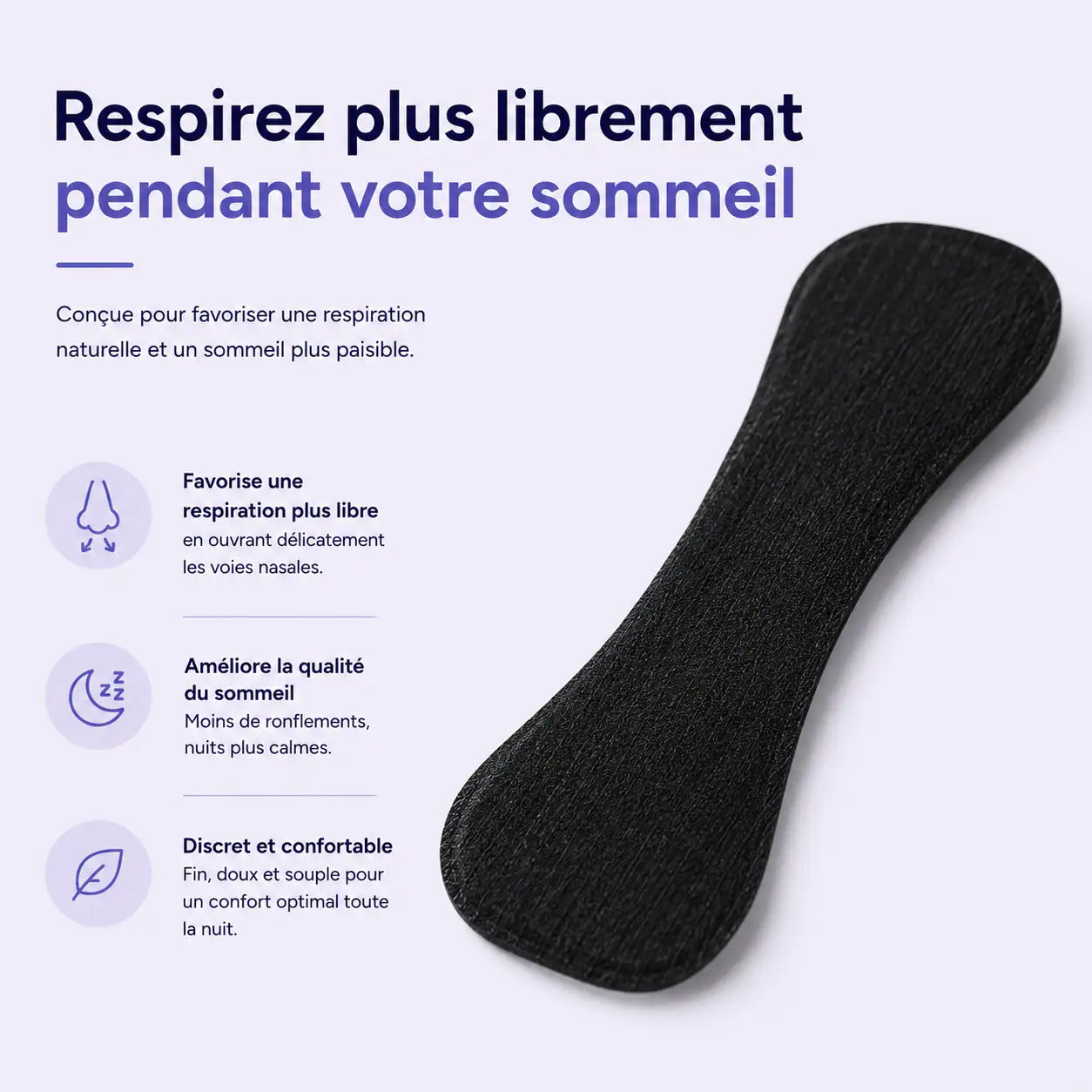 Bandelette nasale adhésive noire conçue pour favoriser une respiration nasale plus libre et un sommeil plus paisible