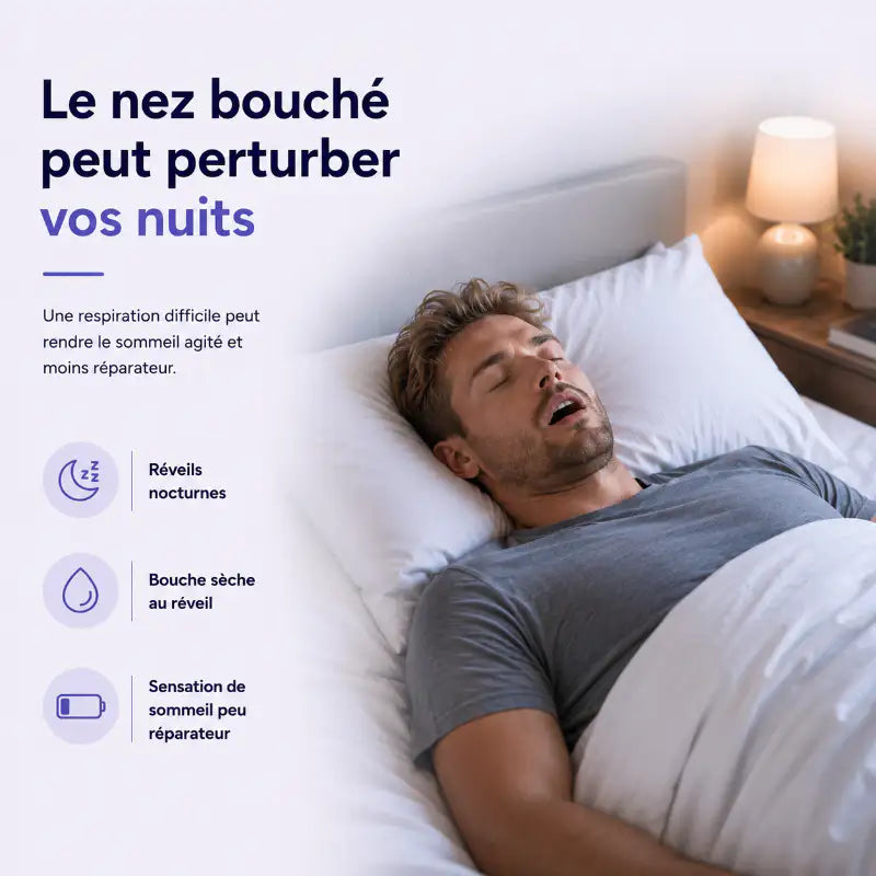 Homme dormant la bouche ouverte illustrant les effets d'un nez bouché sur la qualité du sommeil et la respiration nocturne