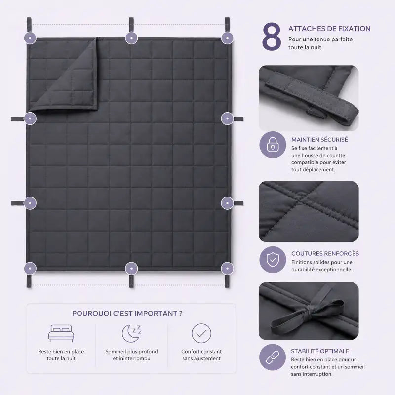 Couverture lestée avec 8 attaches de fixation, coutures renforcées et matelassage compartimenté pour un maintien stable dans la housse