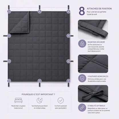 Couverture lestée avec 8 attaches de fixation, coutures renforcées et matelassage compartimenté pour un maintien stable dans la housse
