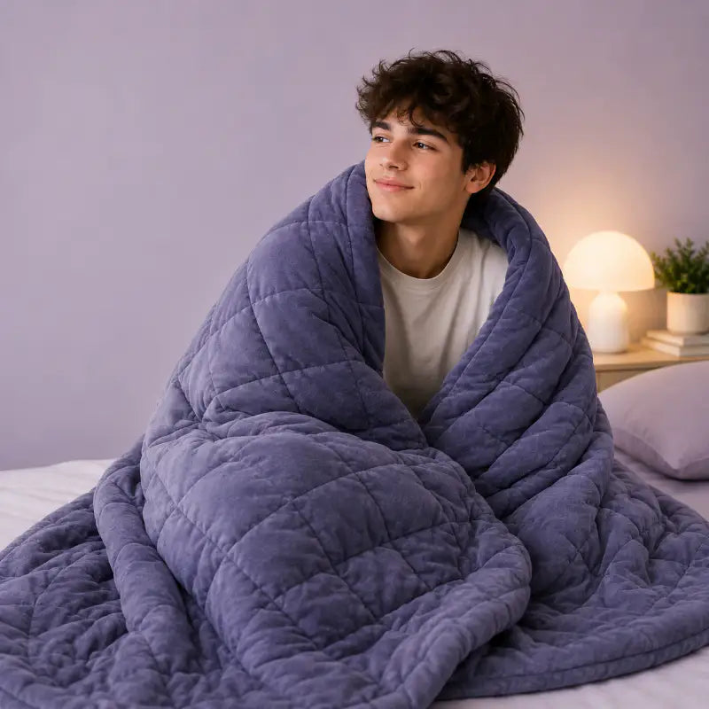 Personne enveloppée dans une couverture lestée grise assise sur un lit, illustrant une sensation de confort et de détente