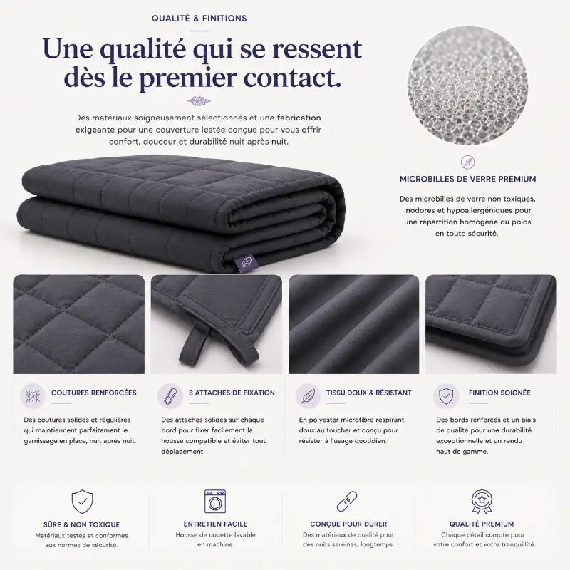 Présentation des finitions d'une couverture lestée premium avec microbilles de verre, coutures renforcées, tissu doux et attaches de fixation