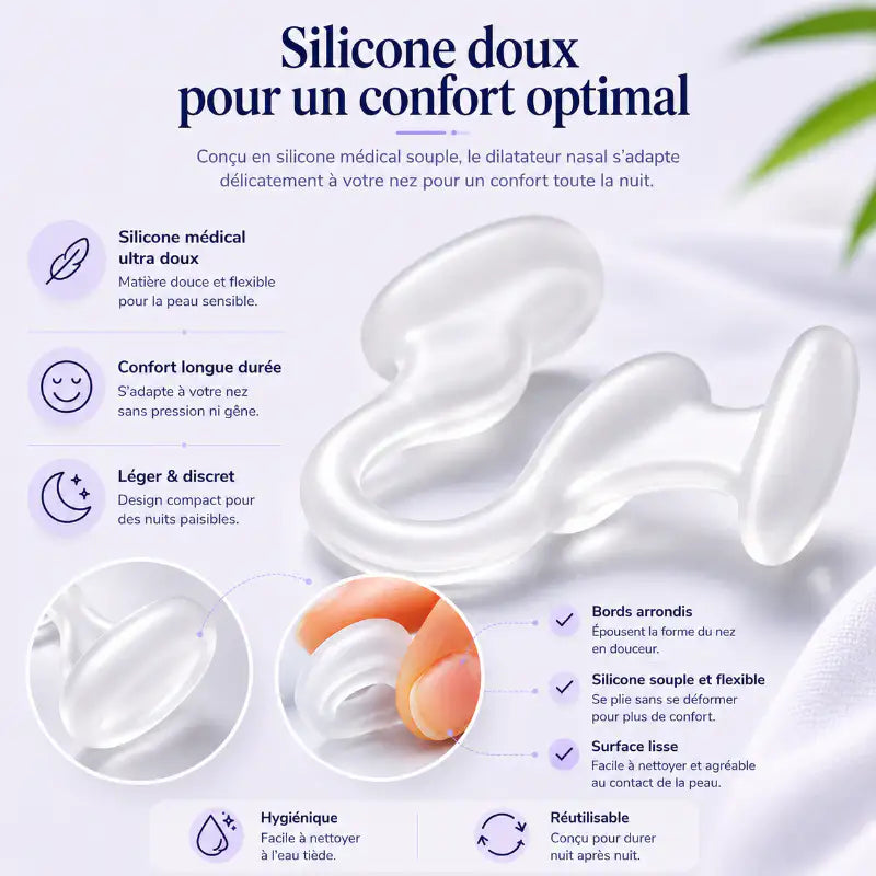Infographie présentant un dilatateur nasal en silicone médical souple, réutilisable et confortable, conçu pour favoriser une respiration nasale plus fluide pendant le sommeil