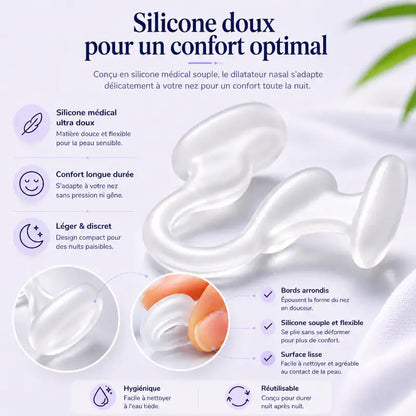 Infographie présentant un dilatateur nasal en silicone médical souple, réutilisable et confortable, conçu pour favoriser une respiration nasale plus fluide pendant le sommeil