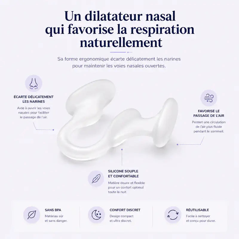 Infographie présentant un dilatateur nasal en silicone souple conçu pour favoriser une respiration nasale naturelle, un meilleur passage de l’air et un confort discret pendant le sommeil