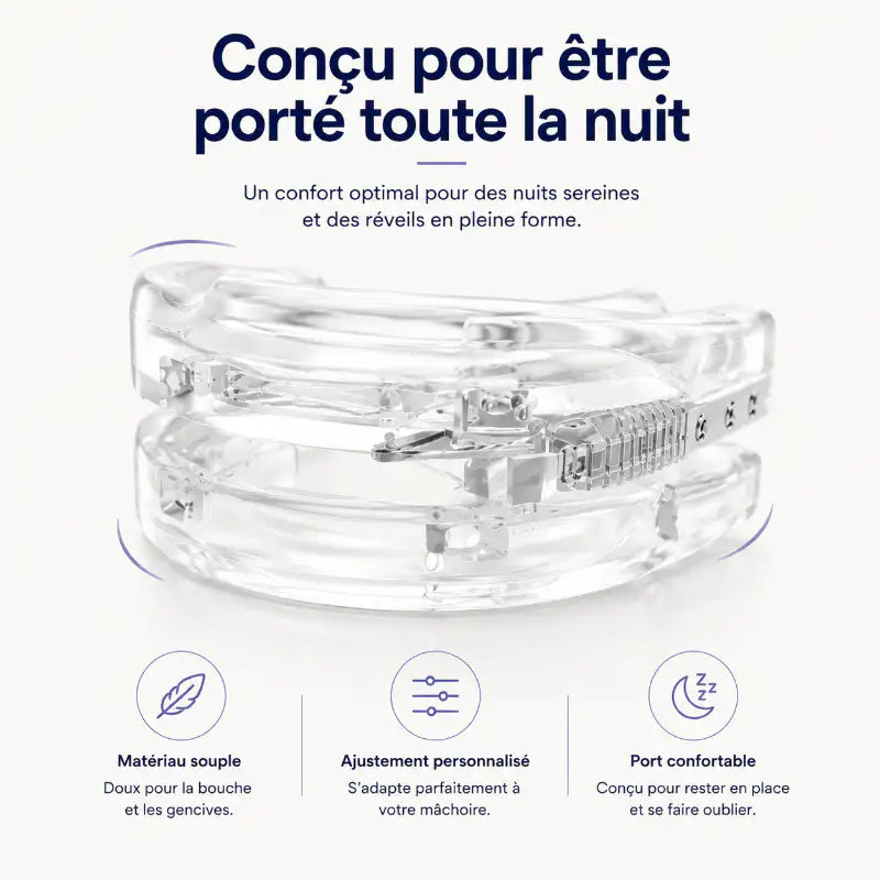 Illustration mettant en avant une gouttière anti-ronflement transparente conçue pour être portée confortablement toute la nuit grâce à son matériau souple et son ajustement personnalisé.
