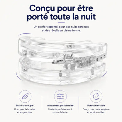 Illustration mettant en avant une gouttière anti-ronflement transparente conçue pour être portée confortablement toute la nuit grâce à son matériau souple et son ajustement personnalisé.