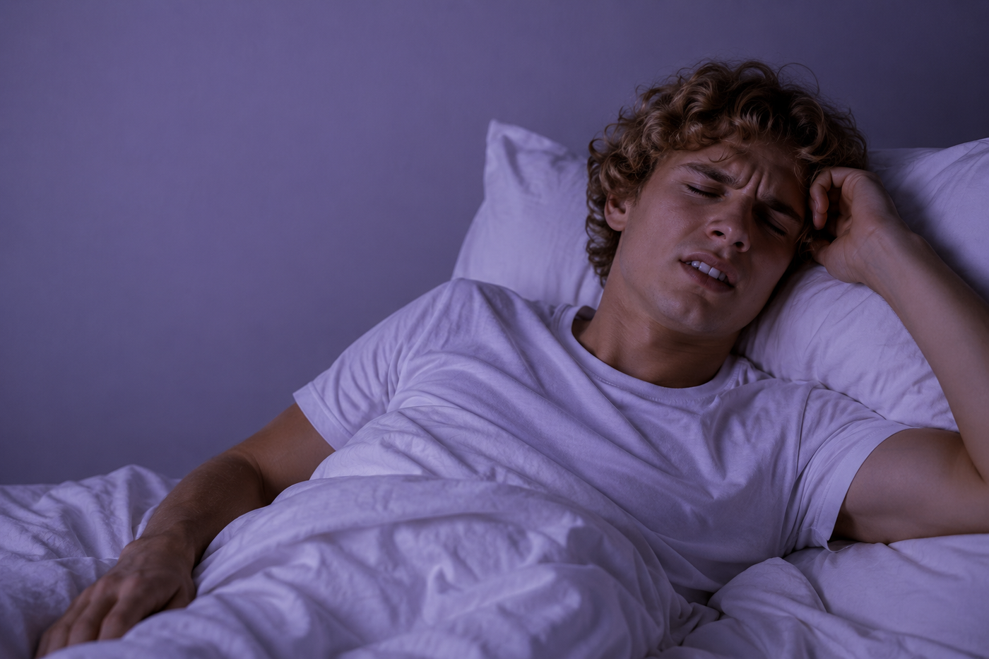 Homme dormant avec une couverture classique et semblant avoir trop chaud pendant la nuit