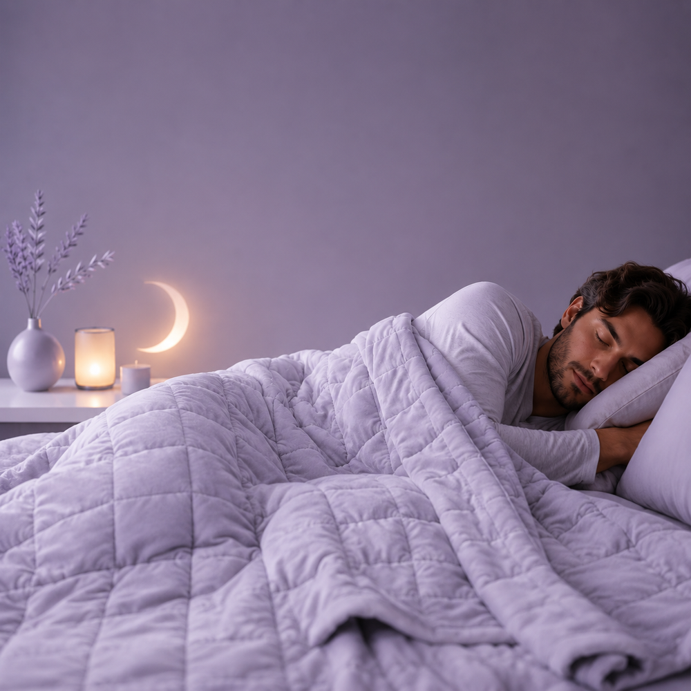 Homme dormant paisiblement avec une couverture lestée dans un lit