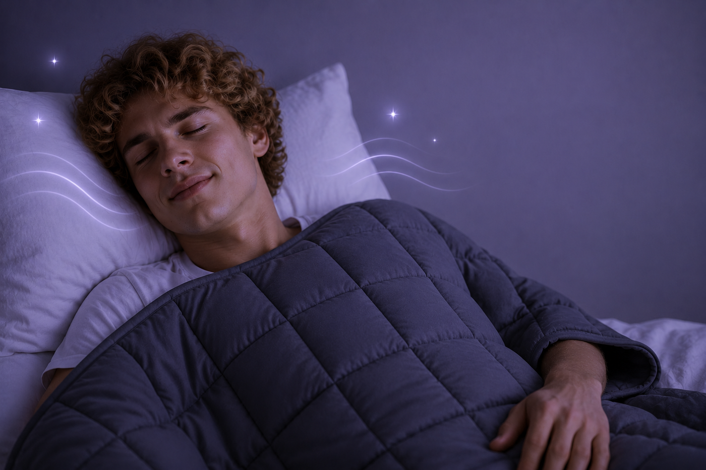 Homme dormant sereinement sous une couverture lestée favorisant une sensation de confort et de détente pendant la nuit