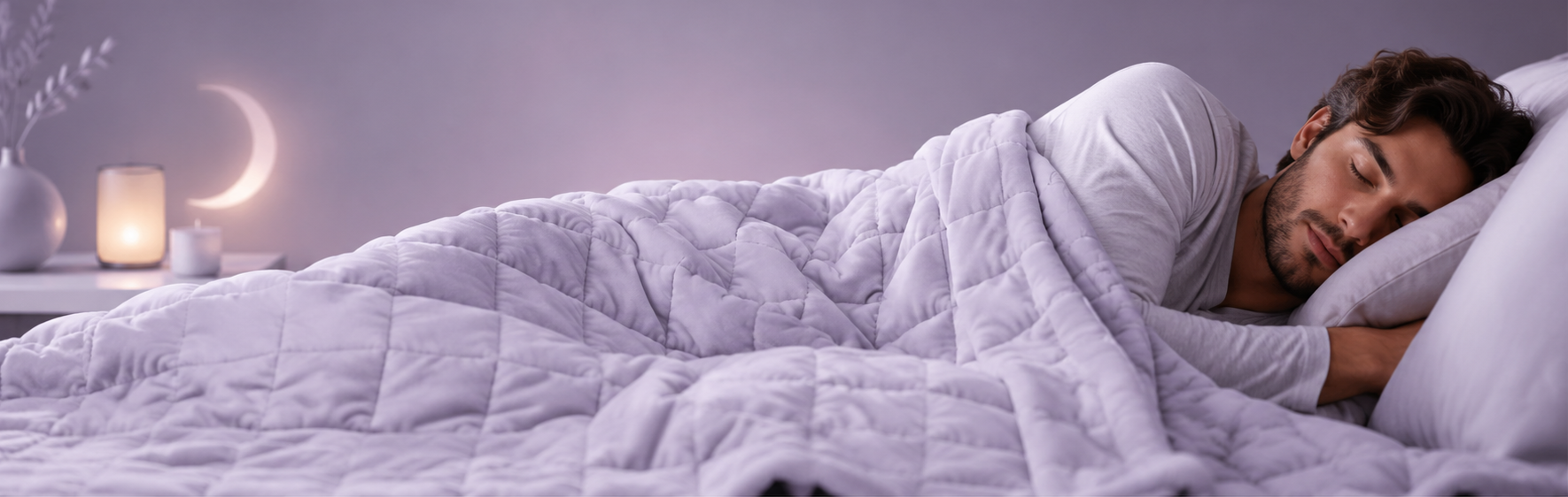 Homme dormant sereinement sous une couverture lestée dans une chambre apaisante propice à un sommeil réparateur