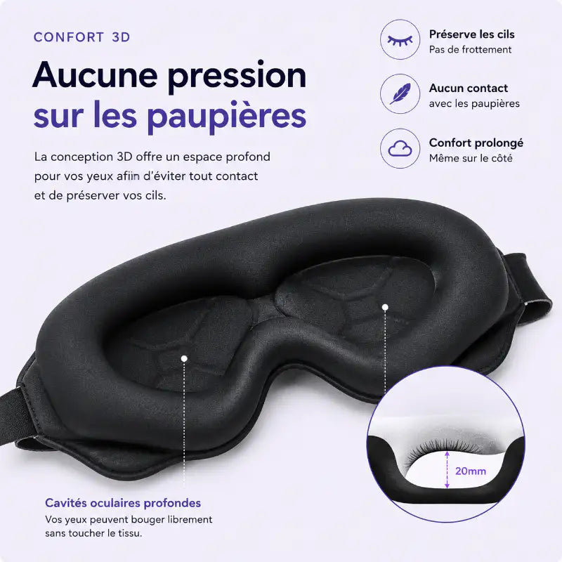 Masque de sommeil 3D avec cavités oculaires profondes de 20 mm réduisant la pression sur les paupières et préservant les cils