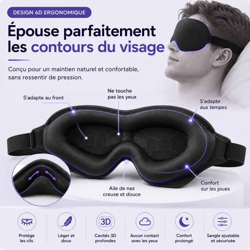 Masque de sommeil 3D ergonomique épousant les contours du visage avec cavités profondes sans pression sur les yeux