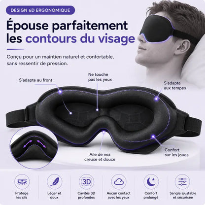 Masque de sommeil 3D ergonomique épousant les contours du visage avec cavités profondes sans pression sur les yeux