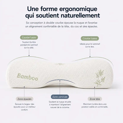 Oreiller ergonomique en mousse à mémoire de forme avec double courbure illustrant les zones de soutien de la tête, de la nuque et des épaules pour un meilleur alignement cervical