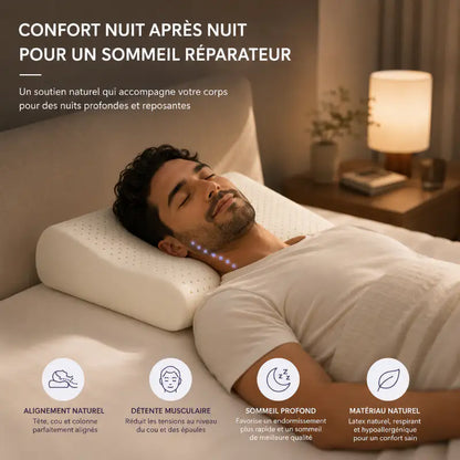Personne dormant sur un oreiller ergonomique en latex naturel favorisant l'alignement de la tête, de la nuque et un sommeil réparateur