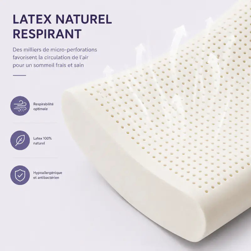 Oreiller ergonomique en latex naturel micro-perforé favorisant la circulation de l'air pour un sommeil frais et respirant