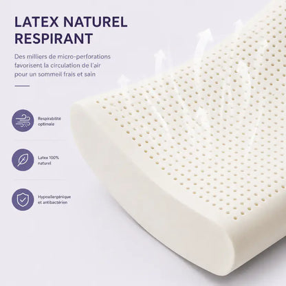 Oreiller ergonomique en latex naturel micro-perforé favorisant la circulation de l'air pour un sommeil frais et respirant