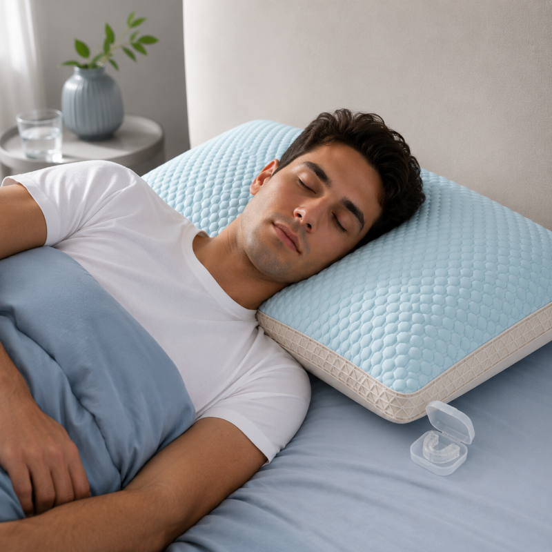Homme dormant paisiblement sur un coussin rafraîchissant bleu offrant une agréable sensation de fraîcheur pendant les nuits chaudes.